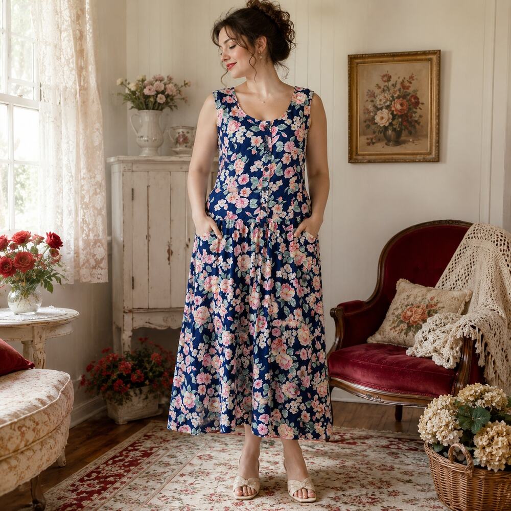 90s Adonna Navy Floral Cotton Leisure Dress Cottagecore Rose Print - L